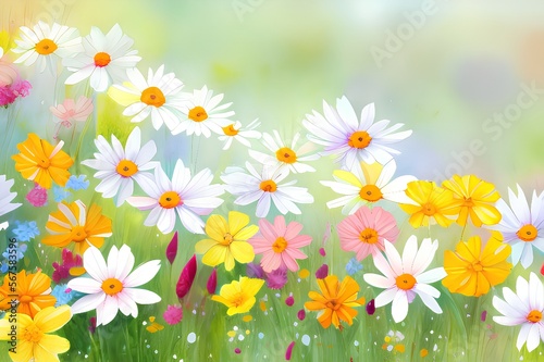 sky  green Setaria grass  Flowers  pink  red  yellow  blue  branches  leaves  grass  a lot of grass  flowers of all colors  wide-angle lens  Backgrounds Illustration and Painting Illustration Techniqu