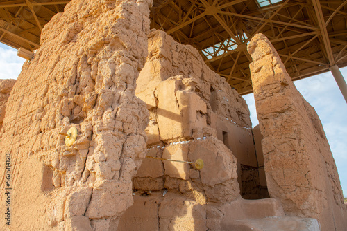 Casa Grande Ruins National Monument is a historic ruin built by Hohokam people in 13th century in Coolidge, Arizona AZ, USA. 