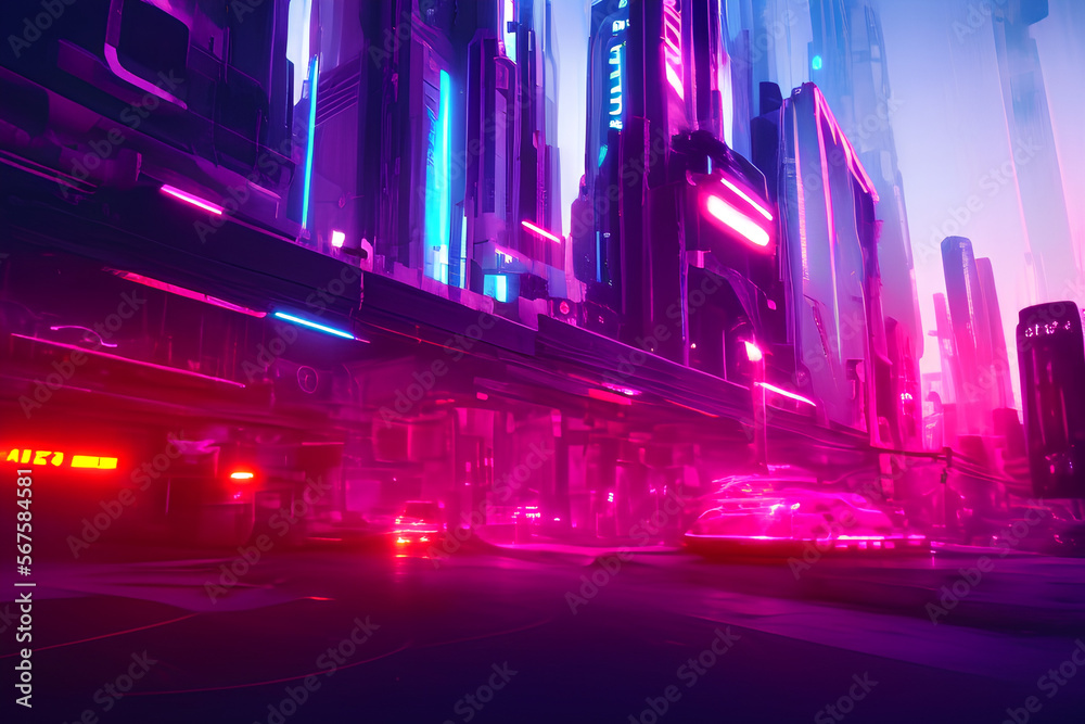Futuristic Urban city with High-Rise Skyscrapers and Illuminated Streets on a Vibrant Neon Background