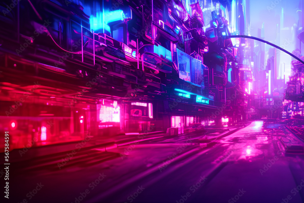 Radiant Futuristic Cityscape with Tall Skyscrapers and Illuminated Streets in a Vibrant Night Background
