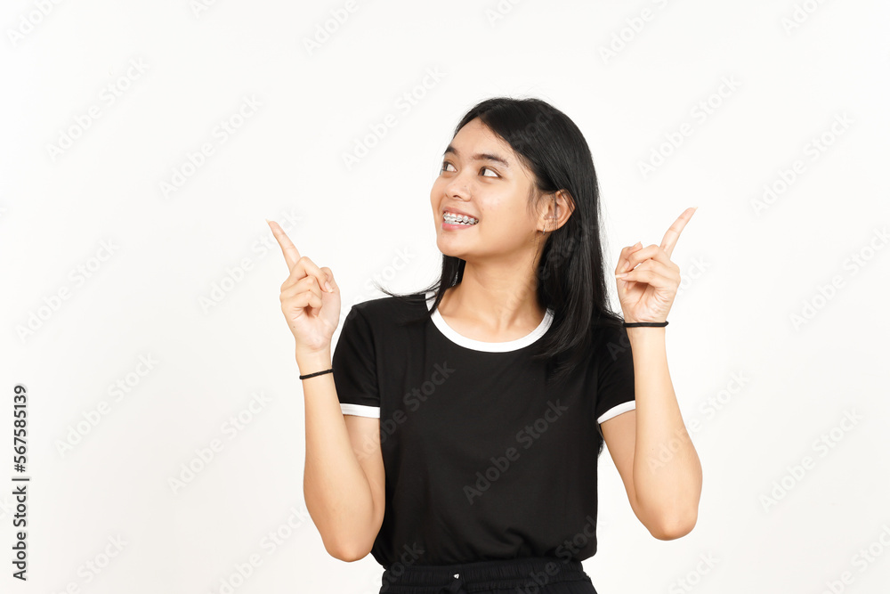 Showing Product and Pointing Left Right Side or two side Of Beautiful Asian Woman Isolated On White