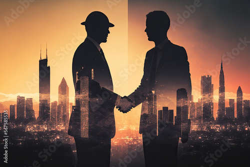 two businessmen handshake standing in front of a city. Cityscape in the background. Generative AI