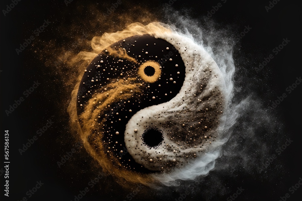 Golden and black yin yang symbol with floating powder on black ...