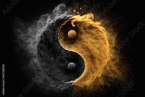 Golden and black yin yang symbol with floating powder on black background. abstraction, Buddhism, Hinduism, symbol, religion, balance concept. Generative AI photo