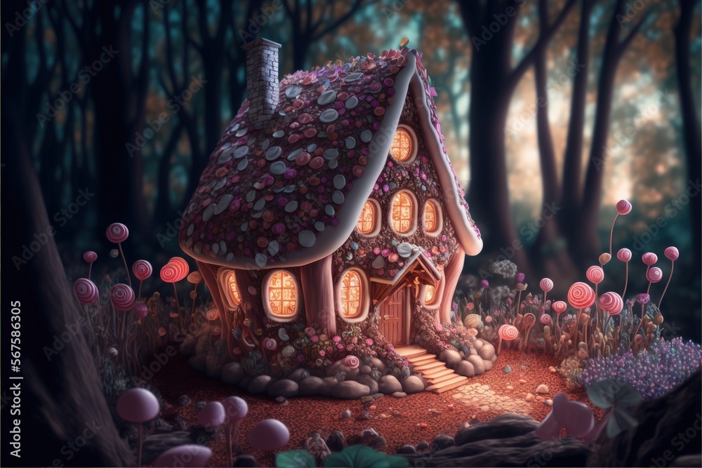 House made of candy in enchanted forest of fantasy world, 3D ...