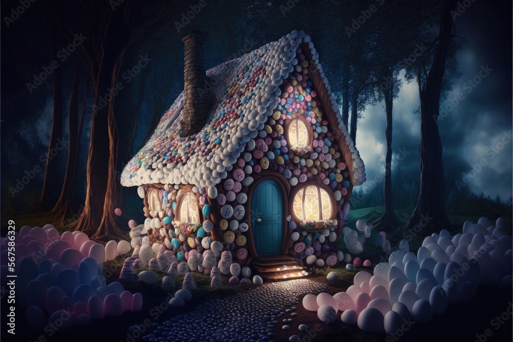 Fototapeta premium House made of candy in enchanted forest of fantasy world, 3D illustration, AI
