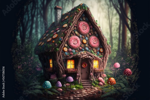 House made of candy in enchanted forest of fantasy world, 3D illustration, AI