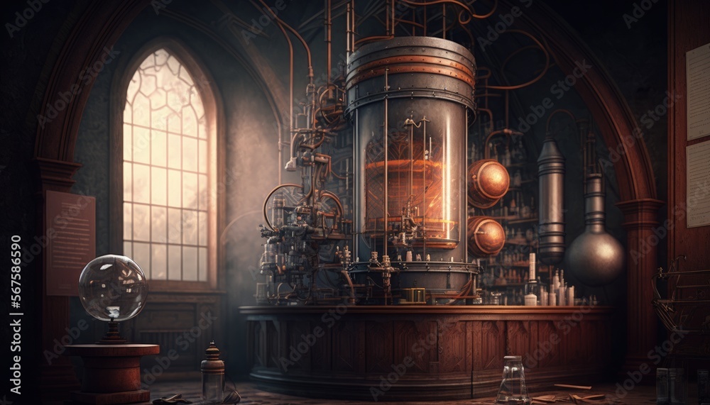 Steampunk lab, old science laboratory with steam engines, digital