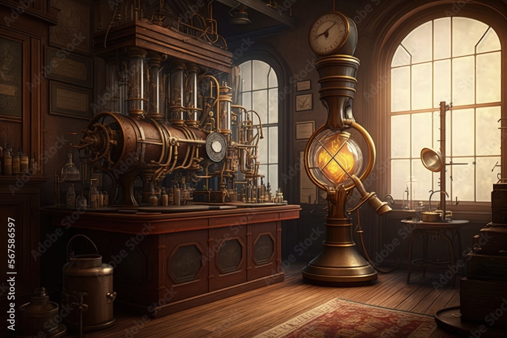 Steampunk lab, old science laboratory with steam engines, digital