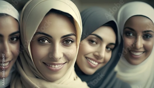 Smiling young middle eastern woment wearing a hijab looking at the camera. generative AI 