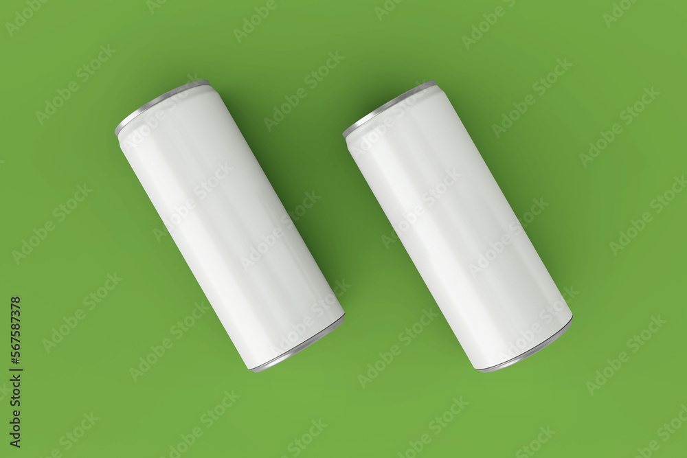 Realistic thin metallic soda can mockups in resting and leaning left in top view Realistic thin metallic soda can mockups in resting and leaning left in top view