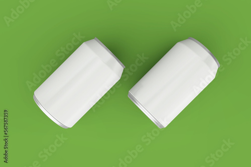 Realistic metallic soda can mockups in resting and leaning right in top view
