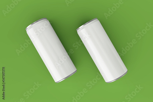 Realistic thin metallic soda can mockups in resting and leaning left in top view