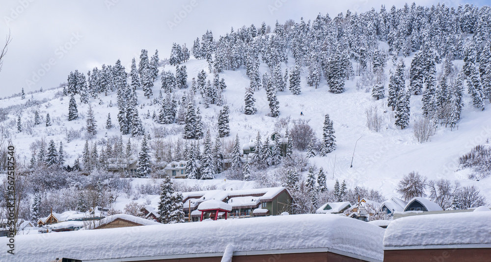 Beautiful snow in Park City, Utah. The small town is a popular winter