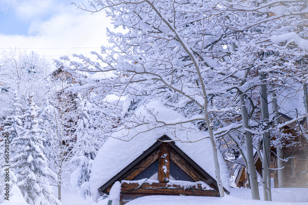 Beautiful snow in Park City, Utah. The small town is a popular winter