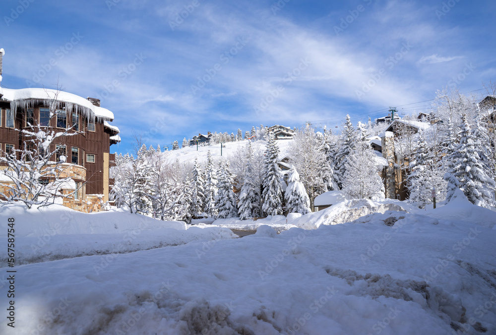Beautiful snow in Park City, Utah. The small town is a popular winter