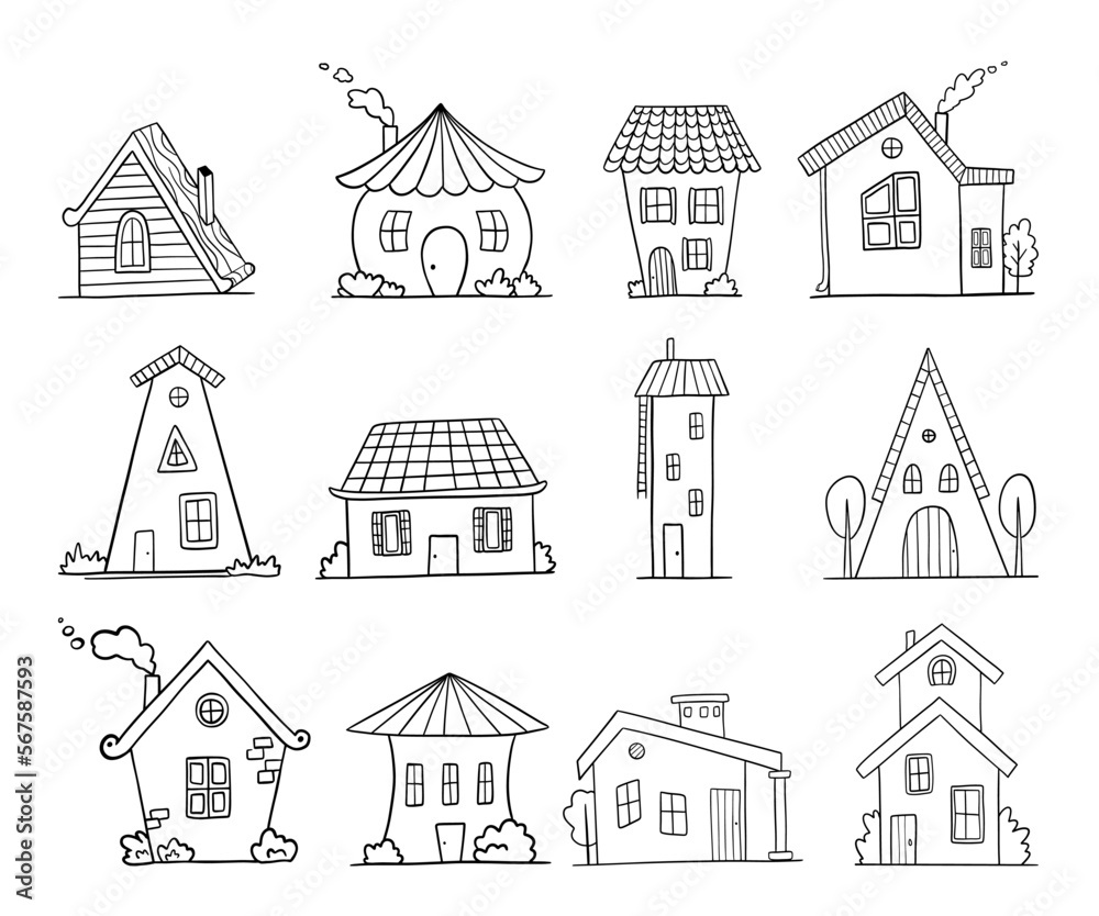 Hand drawn houses vector set. Cute rural buildings isolated on white. Doodle collection
