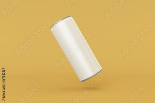 Realistic long metal drink can mockup leaning right in top view