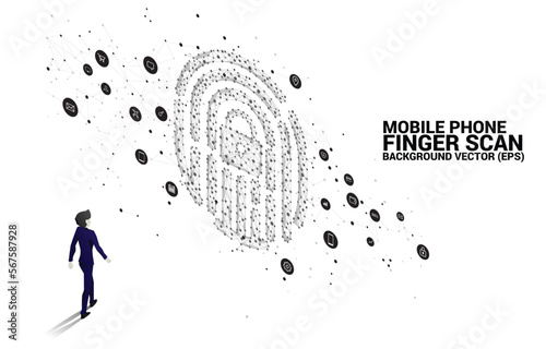 Silhouette businessman walking to thumbprint icon from dot connect line polygon. background concept for finger scan technology and privacy access.