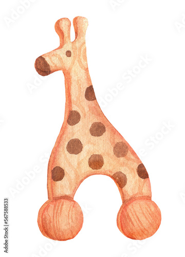 Wooden giraffe toy. Watercolor hand drawn illustration isolated on white.