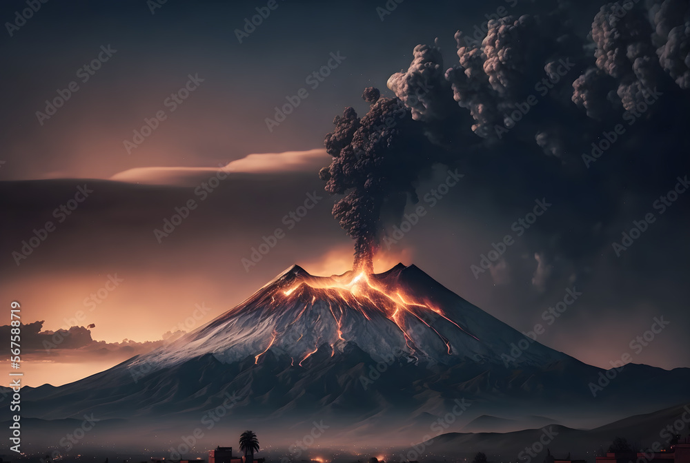 Erupting Volcano and a city in the horizon 