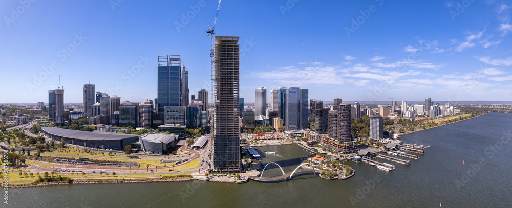 Aerial view of the Bell Tower and Elizabeth Quay in Perth, Western Australia in the late afternoon
