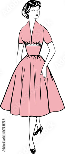 Vector fashion image young woman in retro vintage dress lineart sulhouette photo