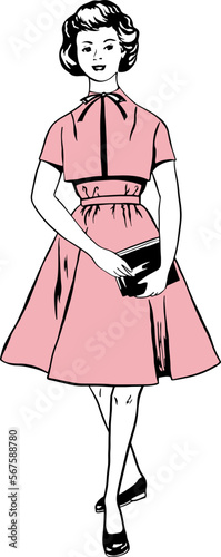 Vector fashion image young teen girl in retro vintage dress