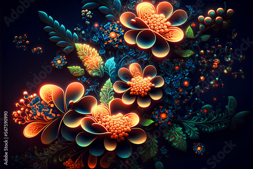 Glowing Flowers Abstract Art, Generative AI