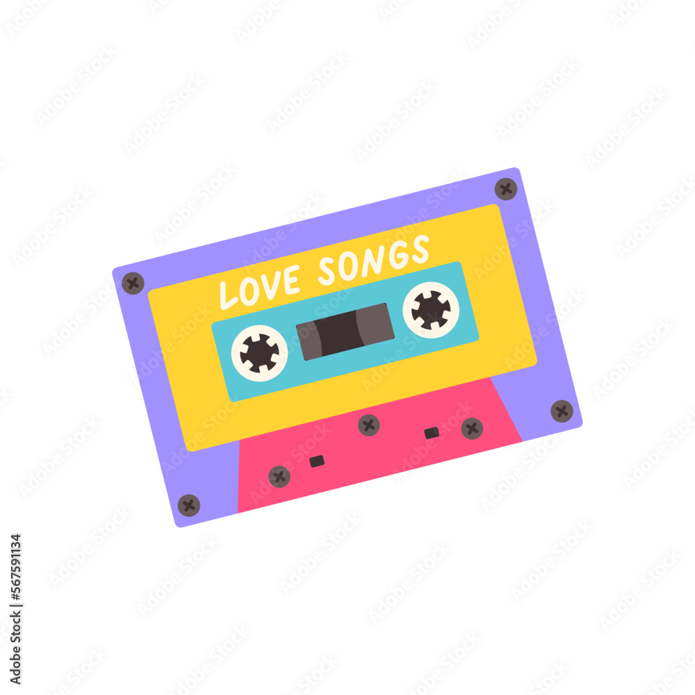 Audio cassette tape love songs isolated on a white background. Trendy 80s 90s vector illustration.
