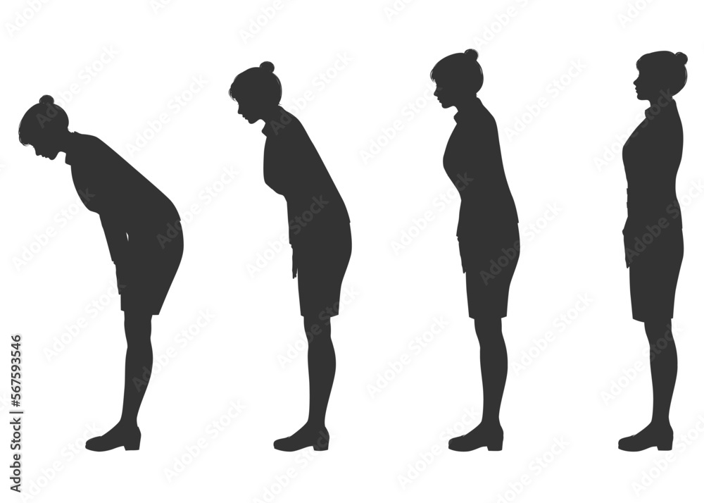 お辞儀するスーツ姿の日本人女性のシルエットセット 全身横向き 横顔の角度違い 4ポーズ