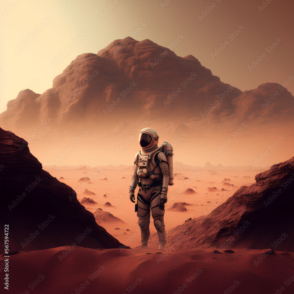 Astronaut in spacesuit on Mars, alone man walking on red planet, An astronaut on an alien planet. Astronaut in spacesuit on Mars, alone man walking on red planet, An astronaut on an alien planet.