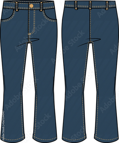 KID GIRLS AND TEENS BOTTOM WEAR DENIM BOOTCUT PANT FRONT AND BACK VECTOR