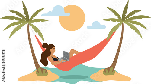 Freelancer lying in a hammock, relaxing in the sea, working online on a laptop. Outsourcing, freelancing. The concept of work at sea. Work where you want with pleasure. work on the beach. Online 