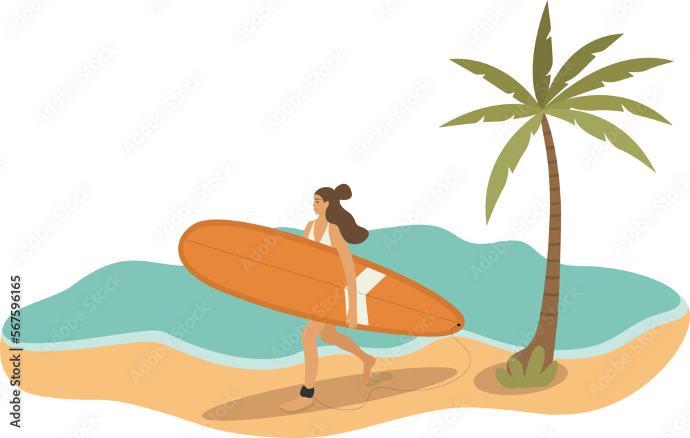  girl is surfing. Young woman with a surfboard in full growth on the background of the waves. port lifestyle. Summer rest. The concept of female power. Surfers on the beach. Vector 