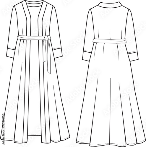 Abaya habaya front and back coat type cardigan Islamic dress fashion flat sketch template.