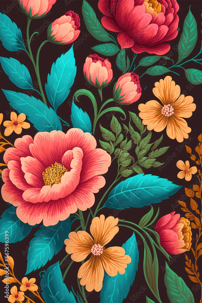 gouache painted flowers pattern on black background gouache painted flowers pattern on black background