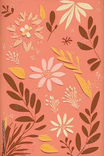 gouache painted flowers pattern on pink background 