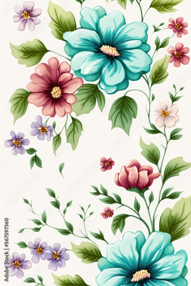 gouache painted flowers pattern on white background 