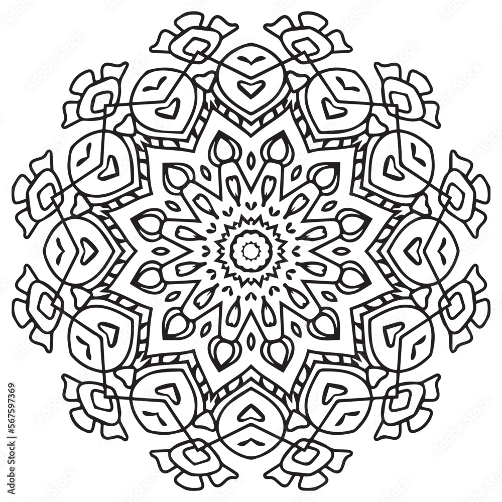 Circular pattern in form of mandala for Henna, Mehndi, tattoo, decoration. Decorative ornament in ethnic oriental style. Coloring book page. Circular pattern in form of mandala for Henna, Mehndi, tattoo, decoration. Decorative ornament in ethnic oriental style. Coloring book page.