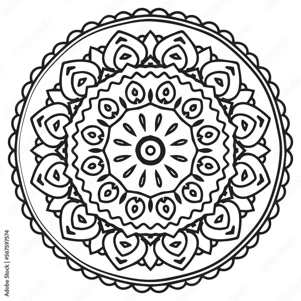 Circular pattern in form of mandala for Henna, Mehndi, tattoo, decoration. Decorative ornament in ethnic oriental style. Coloring book page. Circular pattern in form of mandala for Henna, Mehndi, tattoo, decoration. Decorative ornament in ethnic oriental style. Coloring book page.