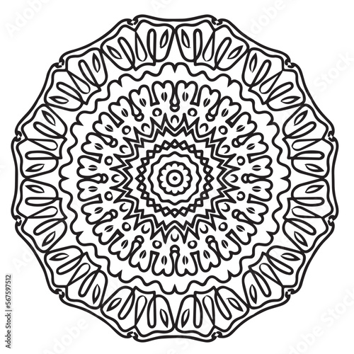 Mandala, tracery wheel mehndi design. Ethnic ornament, doodle symmetry texture. Folk traditional spiritual tribal design. Curved shape, isolated on white. Binary monochrome black and white art. Vector
