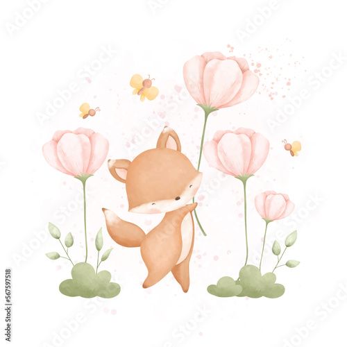 Watercolor Illustration cute fox and spring flowers in the garden 