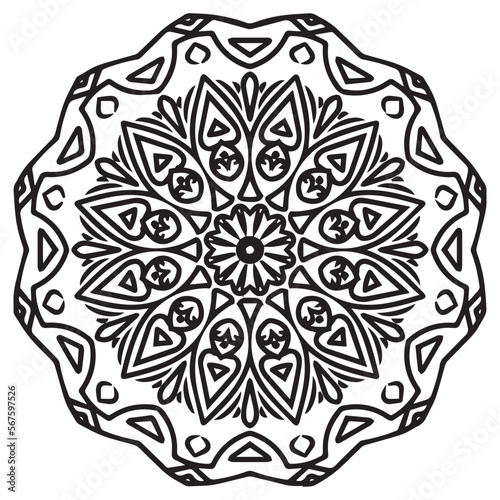 Mandala, tracery wheel mehndi design. Ethnic ornament, doodle symmetry texture. Folk traditional spiritual tribal design. Curved shape, isolated on white. Binary monochrome black and white art. Vector