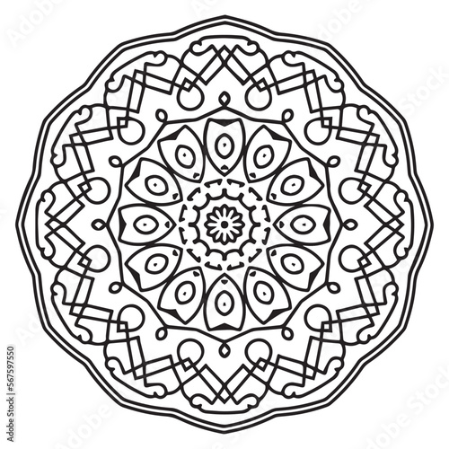 Mandala, tracery wheel mehndi design. Ethnic ornament, doodle symmetry texture. Folk traditional spiritual tribal design. Curved shape, isolated on white. Binary monochrome black and white art. Vector