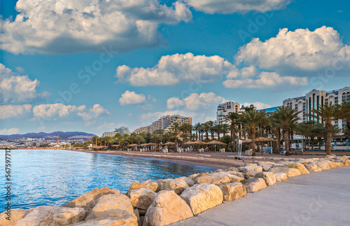 View on central public beach from walking stone pier in Eilat -  southernmost...