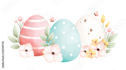 Watercolor Illustration Easter eggs and flowers