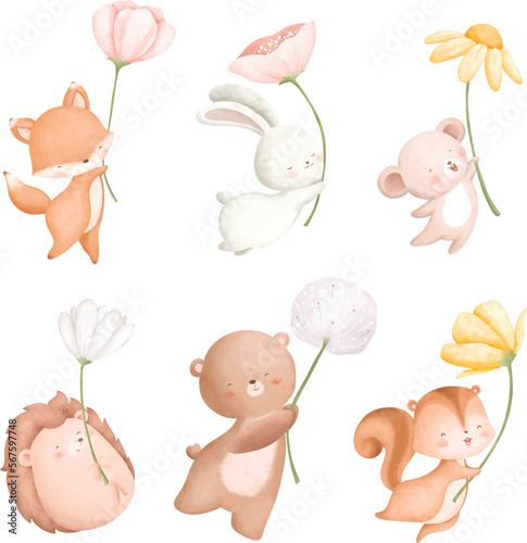 Watercolor Illustration set of woodland animal and spring flower © Stella