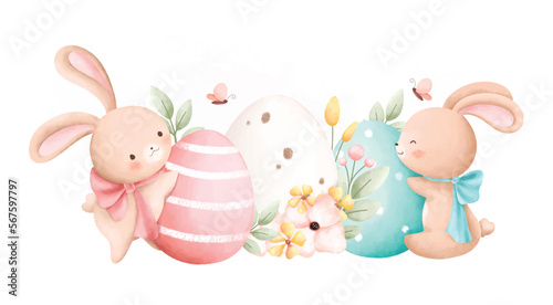 Watercolor Illustration Easter rabbit and Easter eggs
