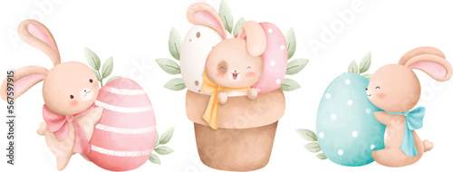 Watercolor Illustration set of Easter rabbit